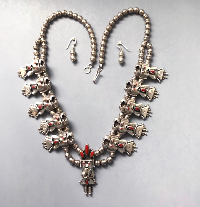 DORIS SMALLCANYON (D SMCYN mark) Navajo sterling silver and coral kachina squash blossom necklace and earrings