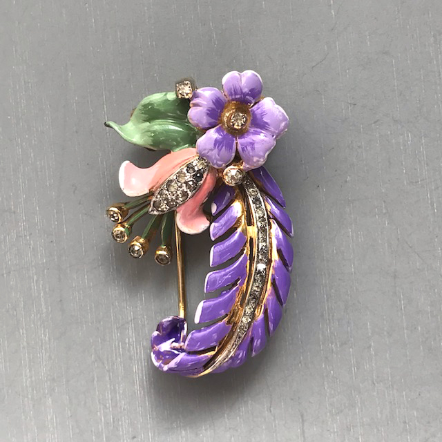 DEROSA fur clip with a feather, flower and leaf design, all in gorgeous lavender, pink and green with clear rhinestone accents