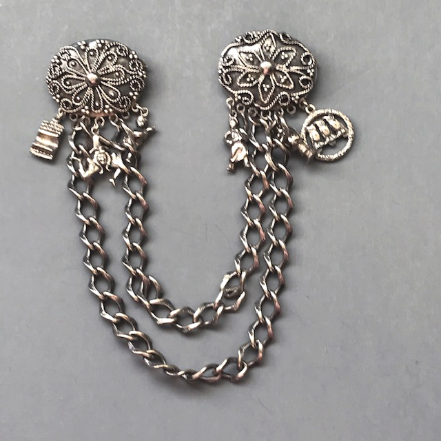 HOBE rare sterling silver charms chatelaine with a brooch at each end
