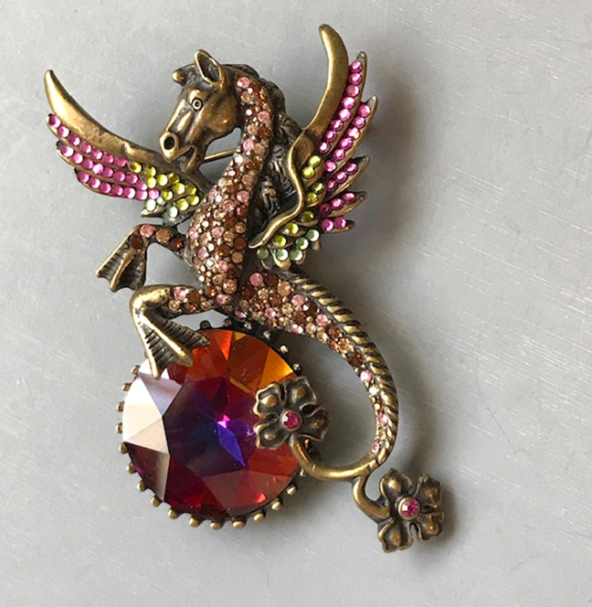 JAY STRONGWATER winged dragon brooch with a wonderful combination of colorful rhinestones