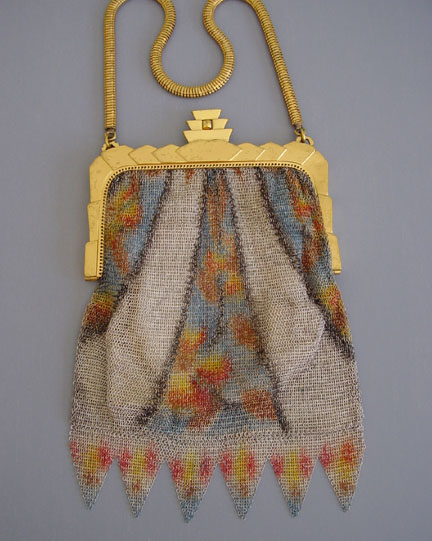 WHITING DAVIS Dresden enamel baby mesh purse with Deco style stepped gold tone frame, circa 1930