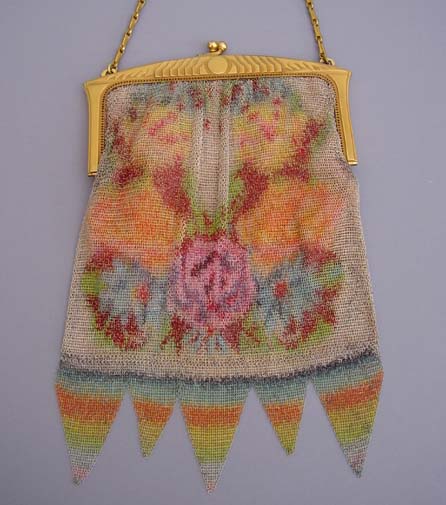 WHITING DAVIS Deco style Dresden enamel mesh purse with floral design, pink silk lining