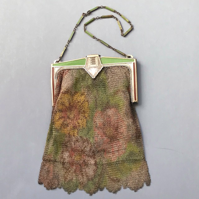 WHITING DAVIS Deco painted baby mesh purse with a lovely flower motif on both sides and a silver frame enameled green and brown
