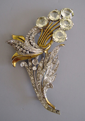 FLORAL brooch with very soft yellow unfoiled rhinestone flowers and clear foiled rhinestone leaves and accents