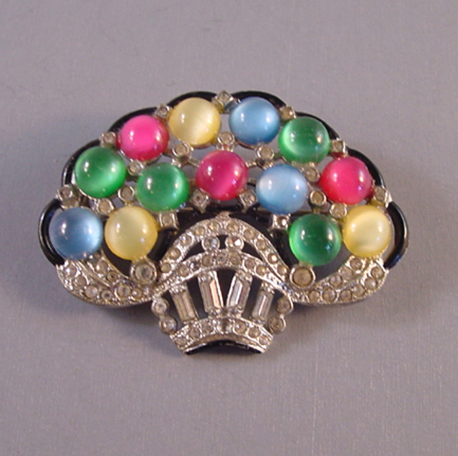 DECO basket brooch with colorful glass cabochons