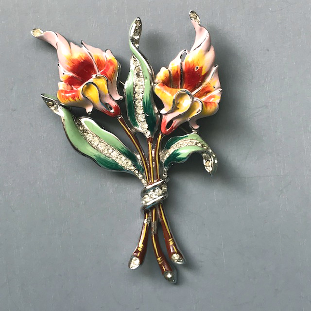 TIGER LILY flower bouquet brooch with peach, orange, yellow, brown and green enamel set in silver tone
