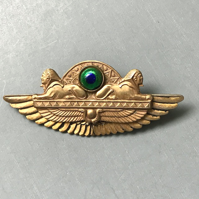 PEACOCK EYE antique Egyptian motif brooch with two Sphinx and wings