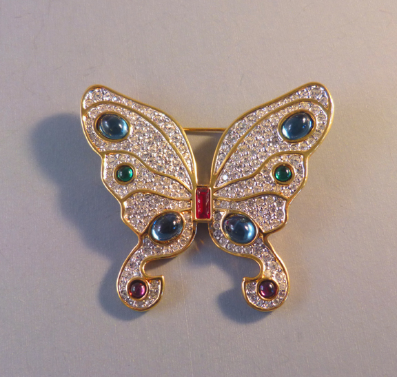 SWAROVSKI SAL crystal pave butterfly brooch with brilliant red, blue and green gem tone crystal cabochons