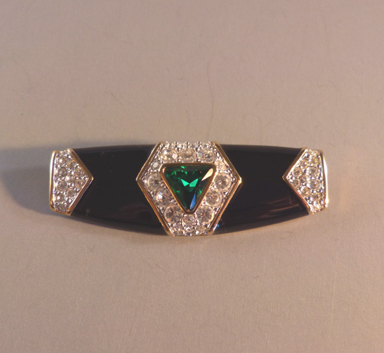 SWAROVSKI SAL black enameled brooch with green center rhinestone and clear rhinestone accents