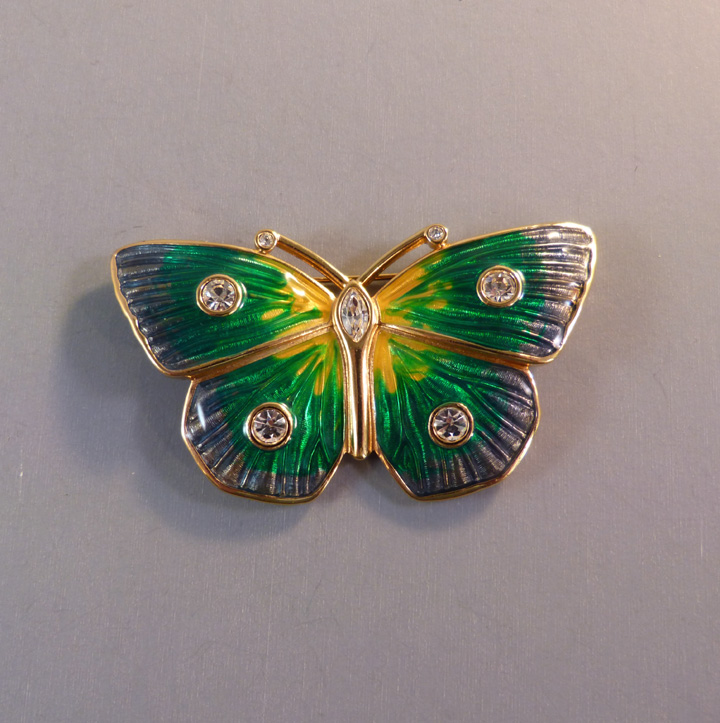 SWAROVSKI green, blue and yellow enameled butterfly brooch with clear rhinestone accents