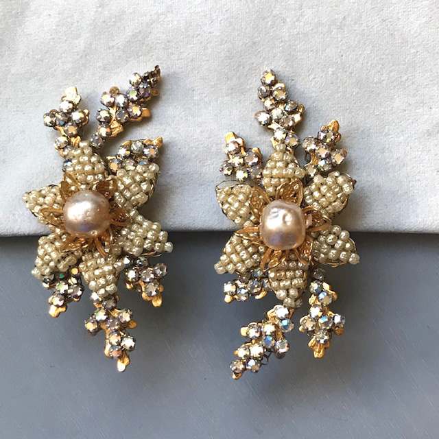 LARRY VRBA early earrings with glass seed pearls and seed pears with aurora borealis rose montee