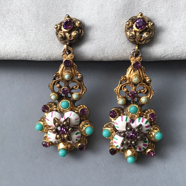 AUSTRO-HUNGARIAN earrings with lovely enamel work in white, aqua and rose and aqua colored glass beads, purple rhinestones