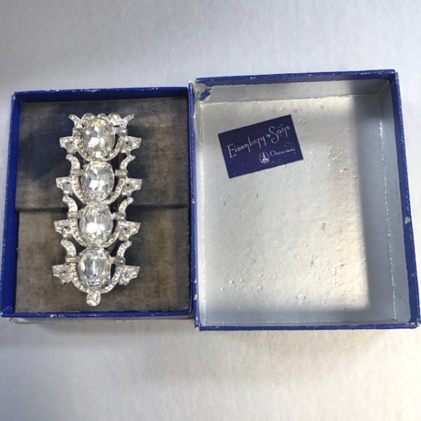 EISENBERG ORIGINAL long dress clip with dazzling clear rhinestones in a silver tone metal setting along with a wonderful Eisenberg Original fitted box