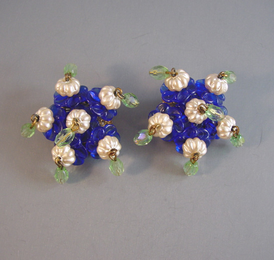 MIRIAM HASKELL earrings with little blue glass flowers and melon shaped glass pearls set in gold tone