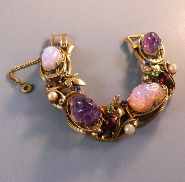 PURPLE cabochons and opalescent glass links bracelet with red, green and blue rhinestones and glass pearls accents
