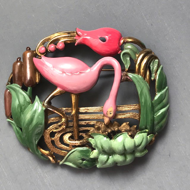 FLAMINGO in a pond landscape brooch with colorful enamel work in pink, greens and darker rose colors