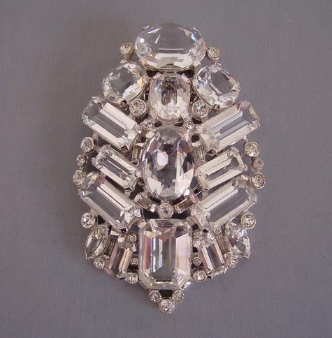 DRESS CLIP with really brilliant unfoiled rhinestones set in rhodium plated silver tone