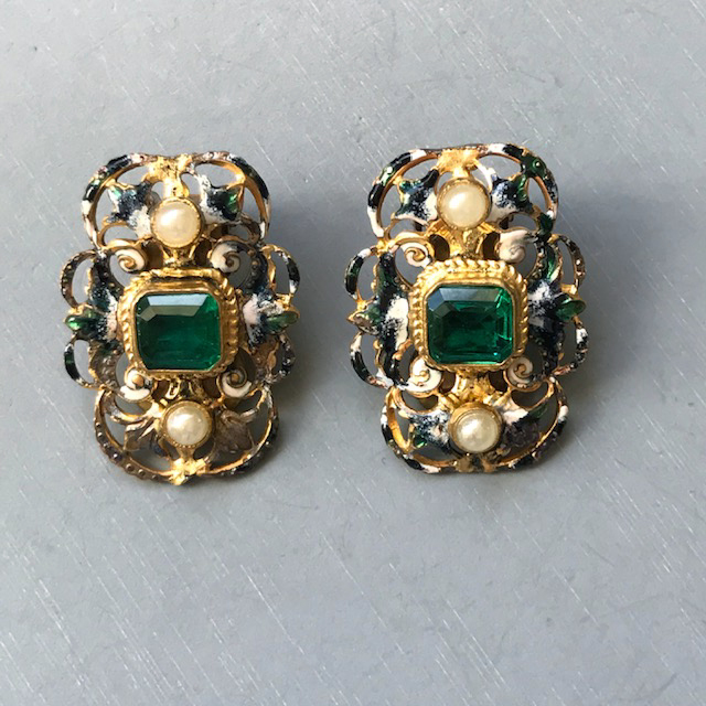 AUSTRO-HUNGARIAN Revival earrings with green center rhinestones and enamel work