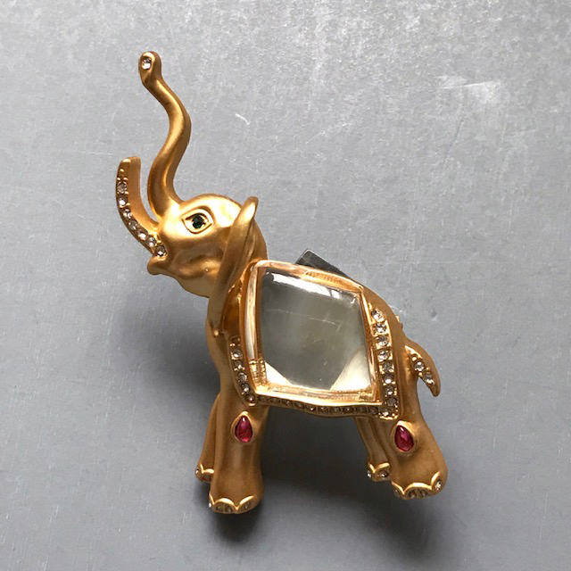 CATWALK JON jelly belly elephant brooch with pink teardrop shaped glass tassels, a black rhinestone eye