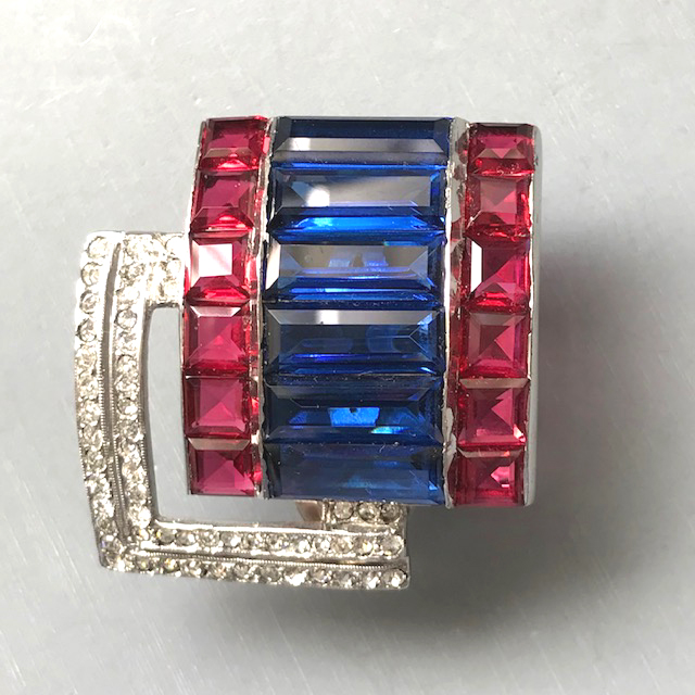DEROSA dress clip with patriotic red, clear and blue invisibly set rhinestones, a gleaming beauty
