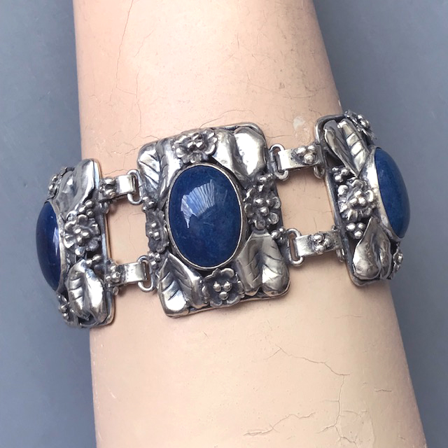 HOBE lapis blue color cabochons and sterling silver five link bracelet, hand wrought flowers and leavest