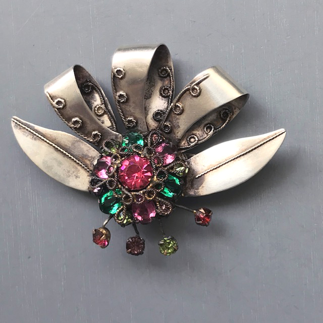 ORIGINAL by ROBERT sterling silver brooch with rhinestones in pink, green yellow green and purple, signed