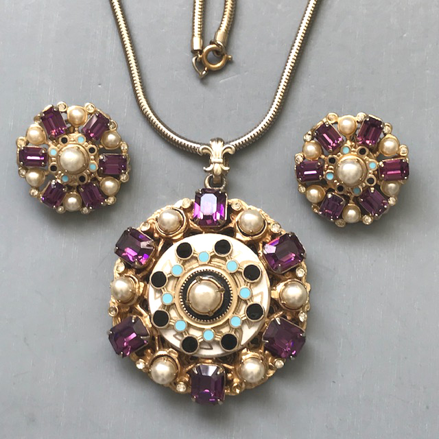 CZECH design influenced pendant necklace, chain and earrings with gorgeous purple rhinestones, glass pearls, and blue, black and white enamel