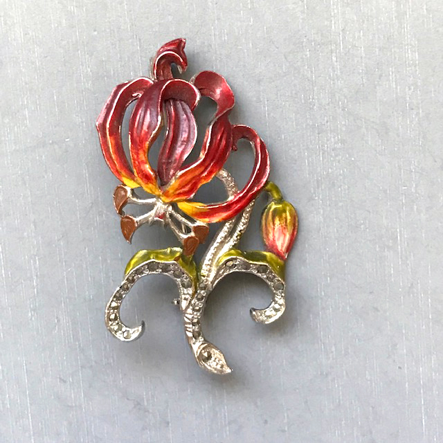TIGER LILY brooch, an enameled tiger lily flower brooch in a silver plated setting