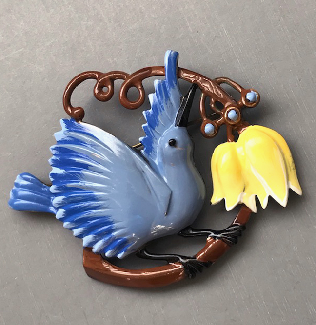 STYLIZED perky blue bird and flowers brooch with yellow flowers
