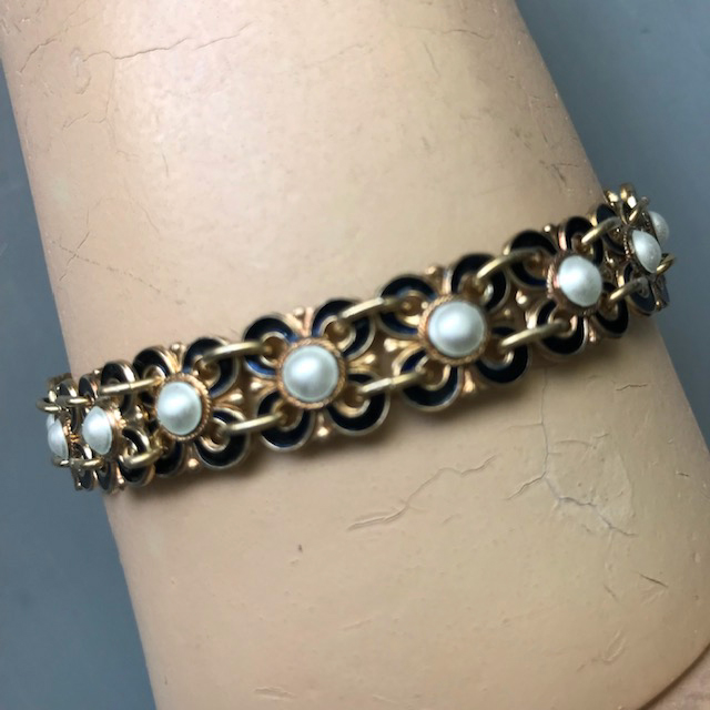 DAVID ANDERSEN, Norway, gold washed sterling bracelet with glass pearls and black guilloche enameling