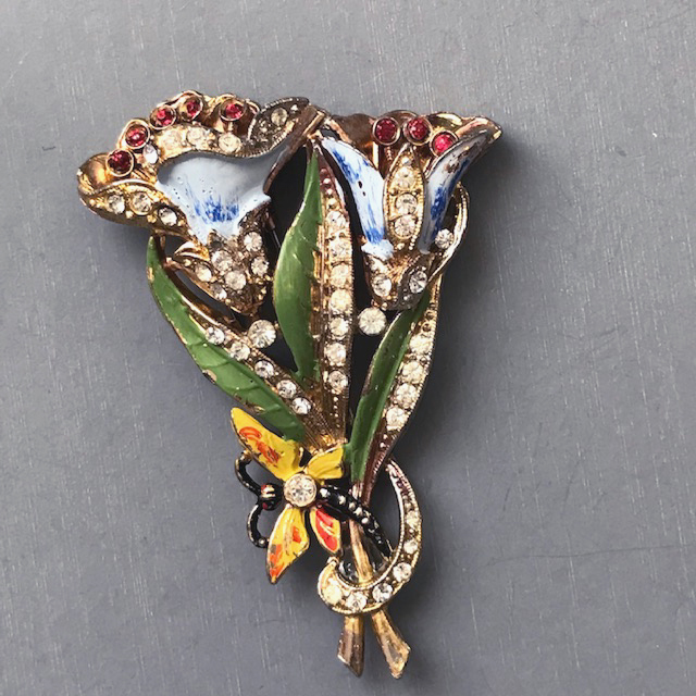 BLUE enameled FLOWERS fur clip with a yellow and orange BUTTERFLY and green leaves