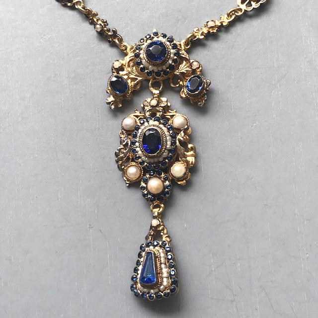 AUSTRO-HUNGARIAN Renaissance inspired rich blue rhinestone necklace with a combination of both natural seed pearls and glass pearls