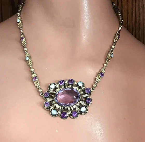 AUSTRO-HUNGARIAN genuine AMETHYST Renaissance inspired necklace with mother-of-pearl accents in a gold plated silver setting