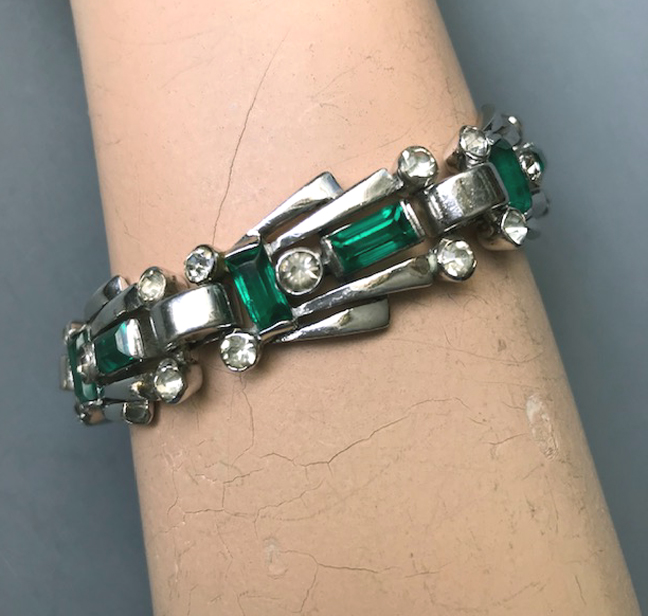 DEROSA emerald green baguettes and clear rhinestones bracelet in a rhodium plated sterling silver setting