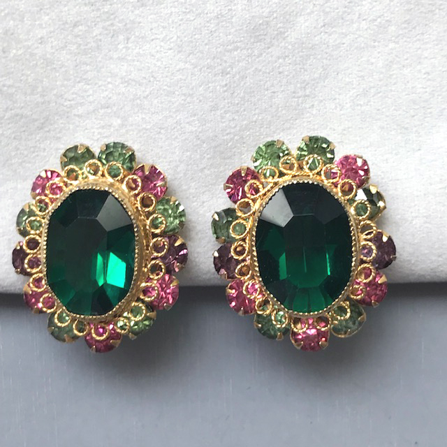 ROBERT beautiful emerald green faceted oval rhinestone earrings with accent rhinestones in pink, purple and green