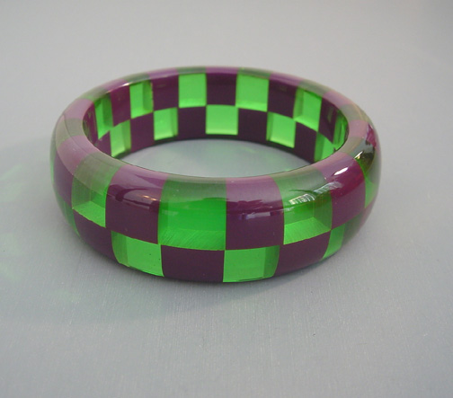 SHULTZ bakelite two row check bangle in purple and transparent green