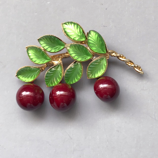 CHERRY red cherries brooch with green pressed glass leaves and cherries of rich red enamel on glass