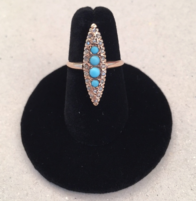 VICTORIAN antique ring with rose cut diamonds and Persian turquoise in an elongated shape