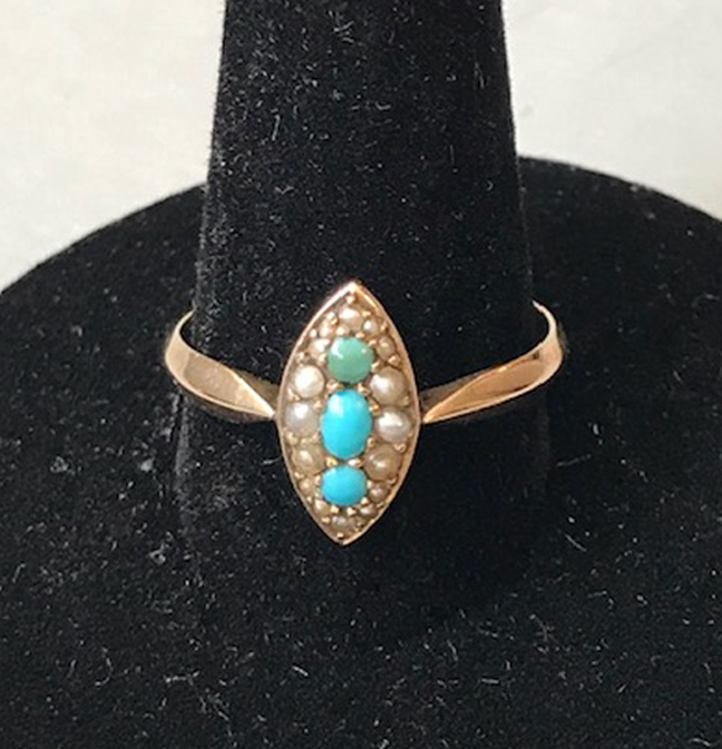 VICTORIAN antique turquoise ring in a sideways eye shape with three turquoises surrounded by seed pearls