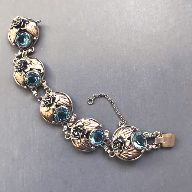 HOBE bracelet with aqua rhinestones set in sterling silver and with accents of  gold plating