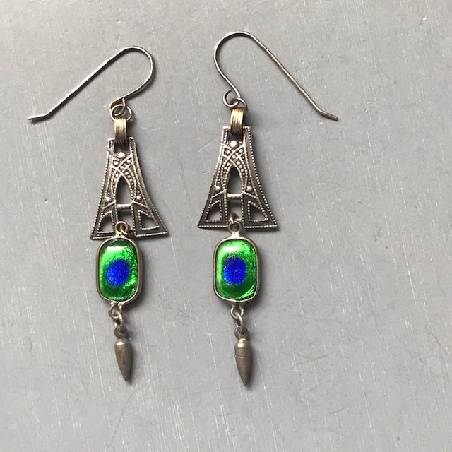 CZECH PEACOCK EYE antique pendant style earrings with two-sided eyes on each, for pierced ears