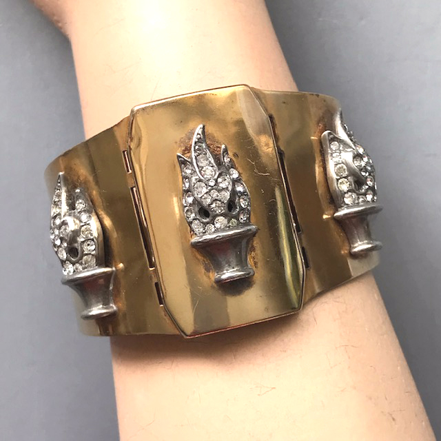 TORCH BRACELET gold plated metal hinged bangle bracelet with clear rhinestone and silver torches applied on three sides