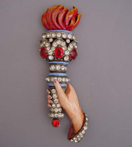 STARET GENUINE 1940s torch brooch, an iconic and patriotic brooch with red and clear rhinestones and enamel