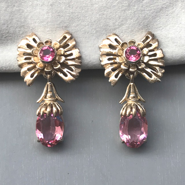DEROSA brilliant pink rhinestone pendant drop earrings in a gold plated sterling setting