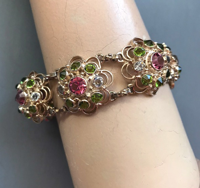 HOBE bracelet of pink and green rhinestones in a gold plated sterling silver filigree setting