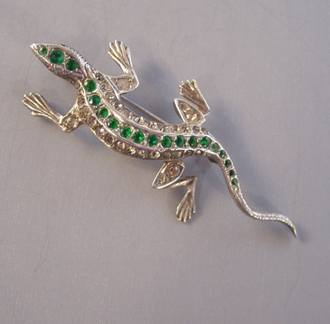 PASTE salamander brooch with green and clear rhinestones, Germany