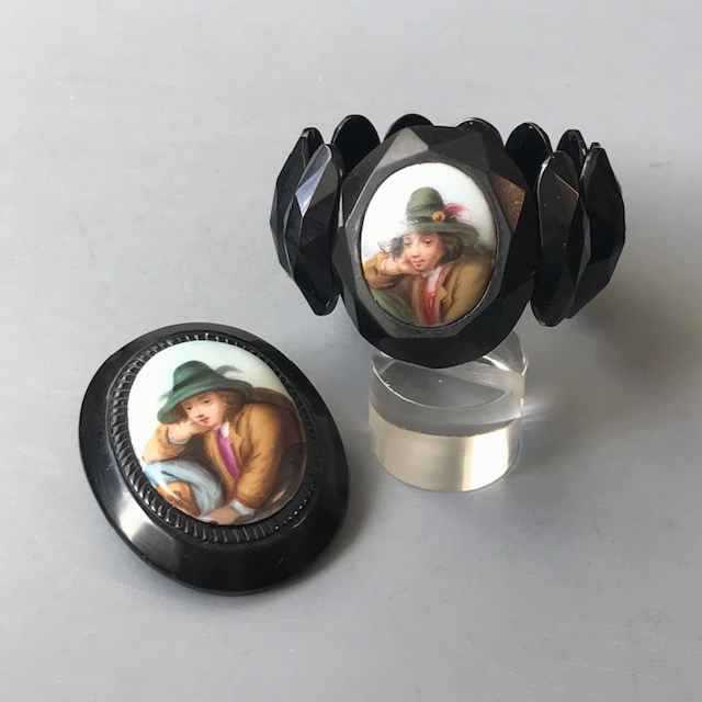 VICTORIAN antique Whitby jet bracelet and brooch set with Tyrolean boy portrait on the front