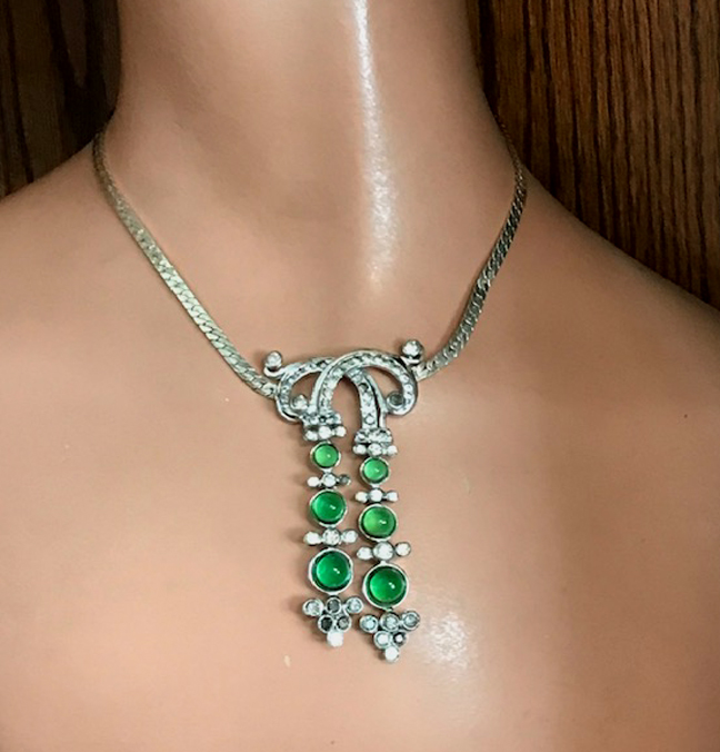 DEROSA necklace made of beautiful chartreuse green glass cabochons and clear rhinestones in a sterling silver setting