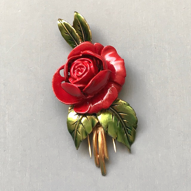 DEROSA rose fur clip enameled in lipstick red with translucent enameled green leaves, gorgeous in every way