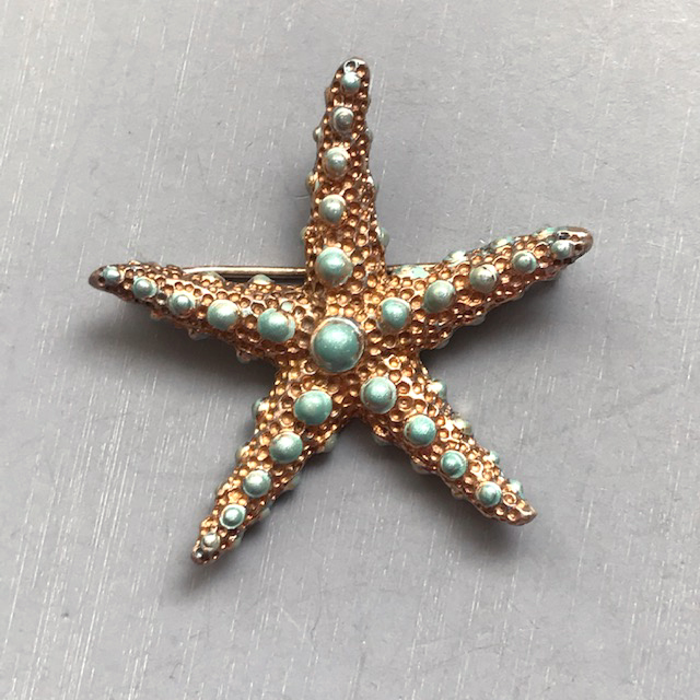 DEROSA aqua enameled starfish brooch in gold plated sterling silver